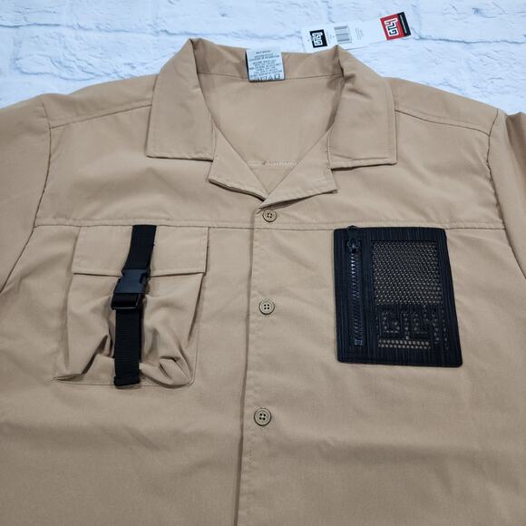 GTL4 MENS SIZE M Tan Button Front Short Sleeve Mesh Zip Pocket Military - Picture 6 of 10